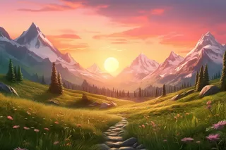 日出日落时的山景绿草如茵的插画背景