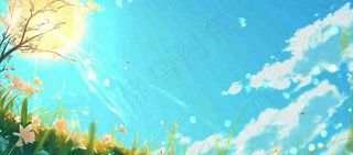 春天清新草地小花蓝天白云，鲜花向阳手绘插画