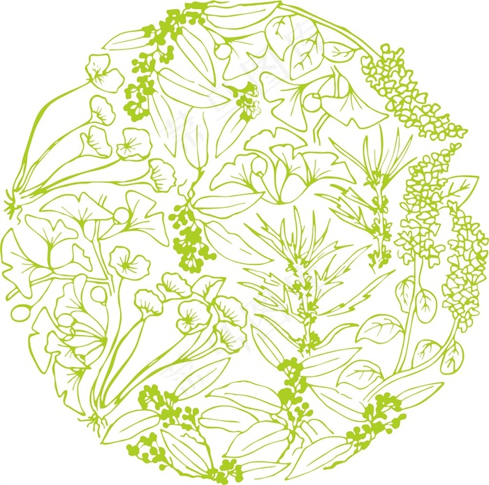 手绘绿色花纹素材