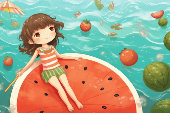 女孩游泳泳池西瓜背景(1344x896)