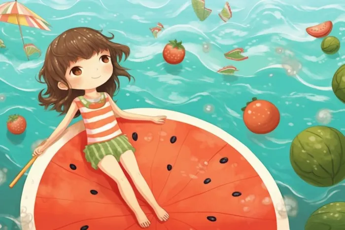 女孩游泳泳池西瓜背景(1344x896)