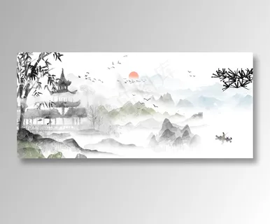水墨日出山水画客厅玄关画 水墨日出山水画客厅玄关画