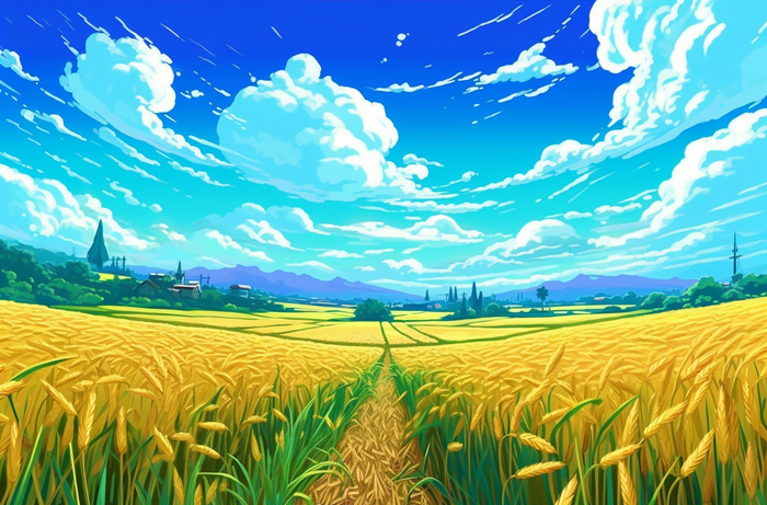 蓝天白云下金黄色的稻田插画背景