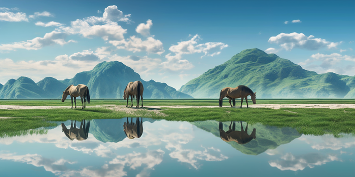 蓝天白云湖泊山峰马匹在吃草美景摄影图(4608x2304)