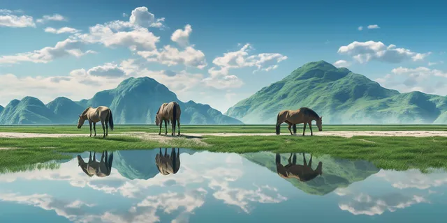 蓝天白云湖泊山峰马匹在吃草美景摄影图