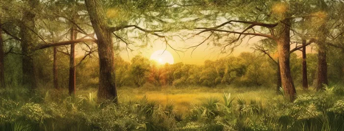 阳光照在绿树成荫的草地上插画背景(5280x2016)