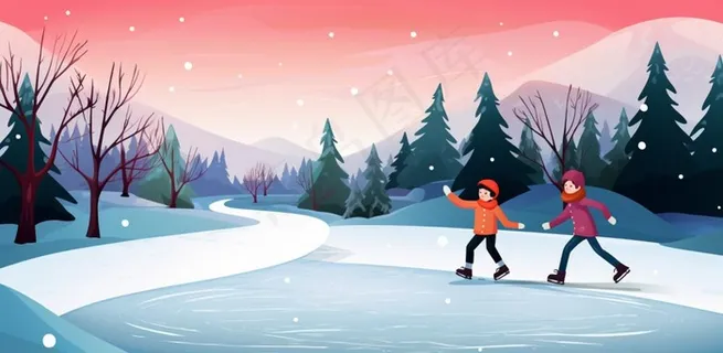 冬季在冰湖上滑冰的孩子儿童卡通插画背景
