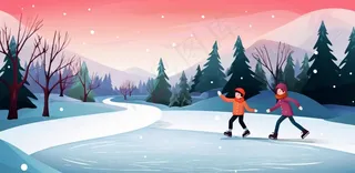 冬季在冰湖上滑冰的孩子儿童卡通插画背景