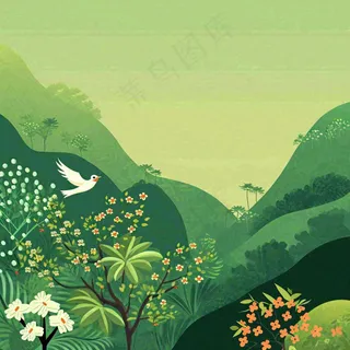 春天绿色扁平山脉绿植花草手绘，立夏春分