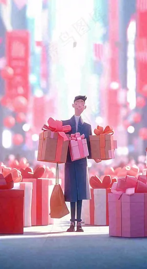 商场购物礼品盒温馨扁平礼物