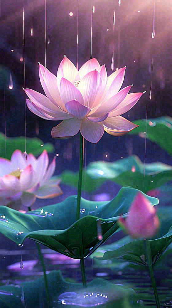 夏天下雨池塘里盛开的荷花特写，立夏，夏至