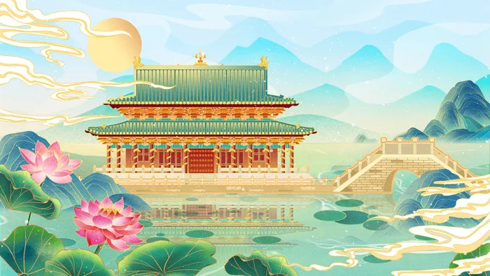 中国风国潮烫金仙鹤山水古建筑风景装饰插画背景PSD分层设计素材psd模版下载
