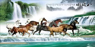 新中式山水花鸟骏马高山流水客厅卧室走廊装饰画玄关壁画