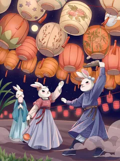 中秋节汉服小兔子逛花灯街上嬉戏