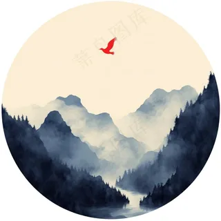 山水画水墨画圆形插画免抠