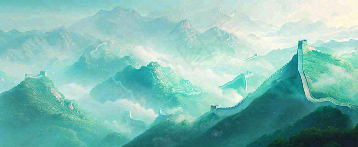 崇山峻岭高山白云中国风插画长城风景