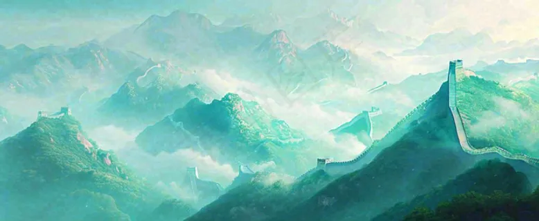 崇山峻岭高山白云中国风插画长城风景