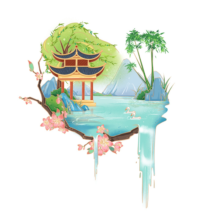 时尚微景观山水装饰庭院祥云中式国潮风插图插画元素素材设计模板psd模版下载