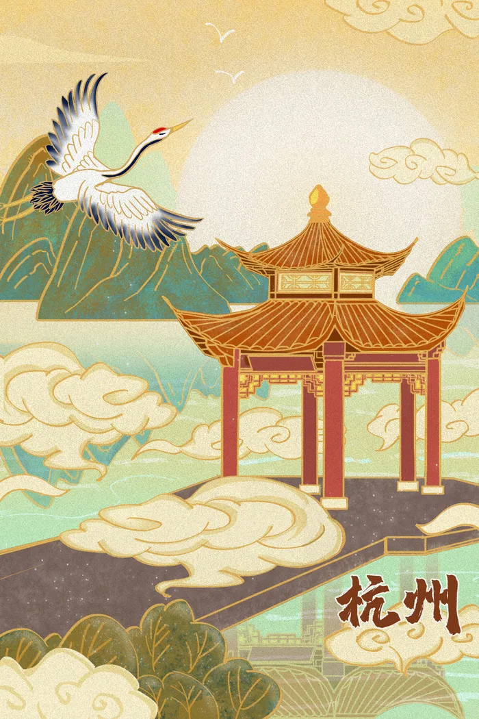 中国风国潮古建筑地标城市古风建筑阁楼印象地标手绘插画PSD素材psd模版下载