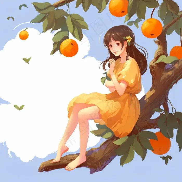 女孩坐着橘子柿子树上摘果子插画素材背景(1024x1024)