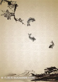 水墨梅花与鲤鱼海报背景图