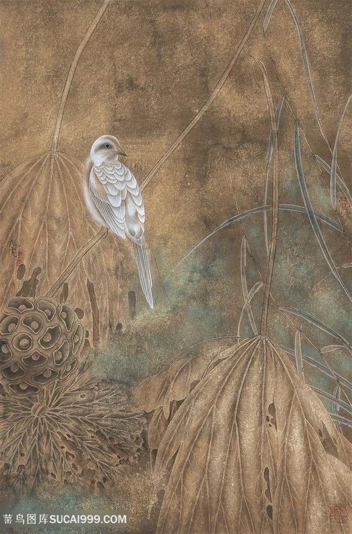荷叶复古中式鸟装饰画