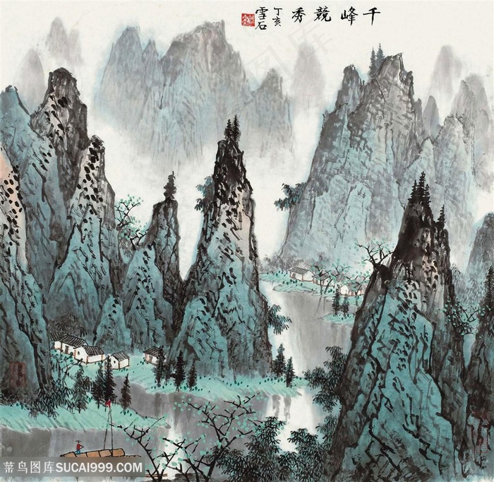 白雪石巍峨山脉高清湖畔美景装饰画