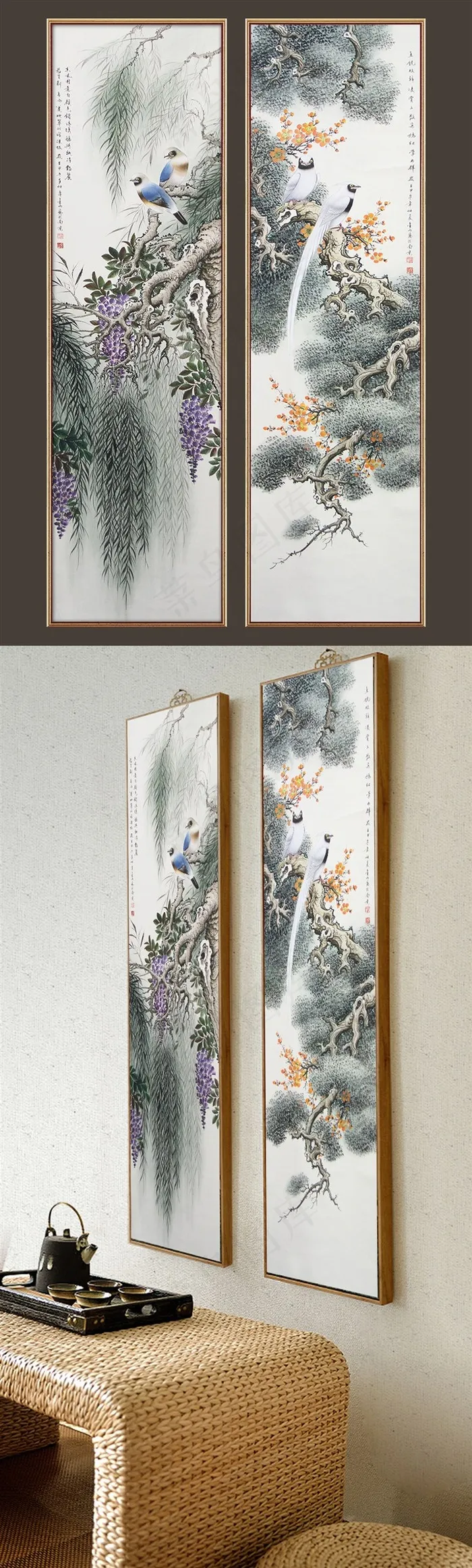 客厅工笔花鸟双条屏挂画