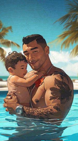 夏日泳池父爱父亲节家庭游泳，蓝天阳光，大暑小暑暑期