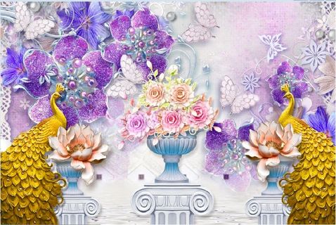 雕塑兰花花瓶孔雀背景墙