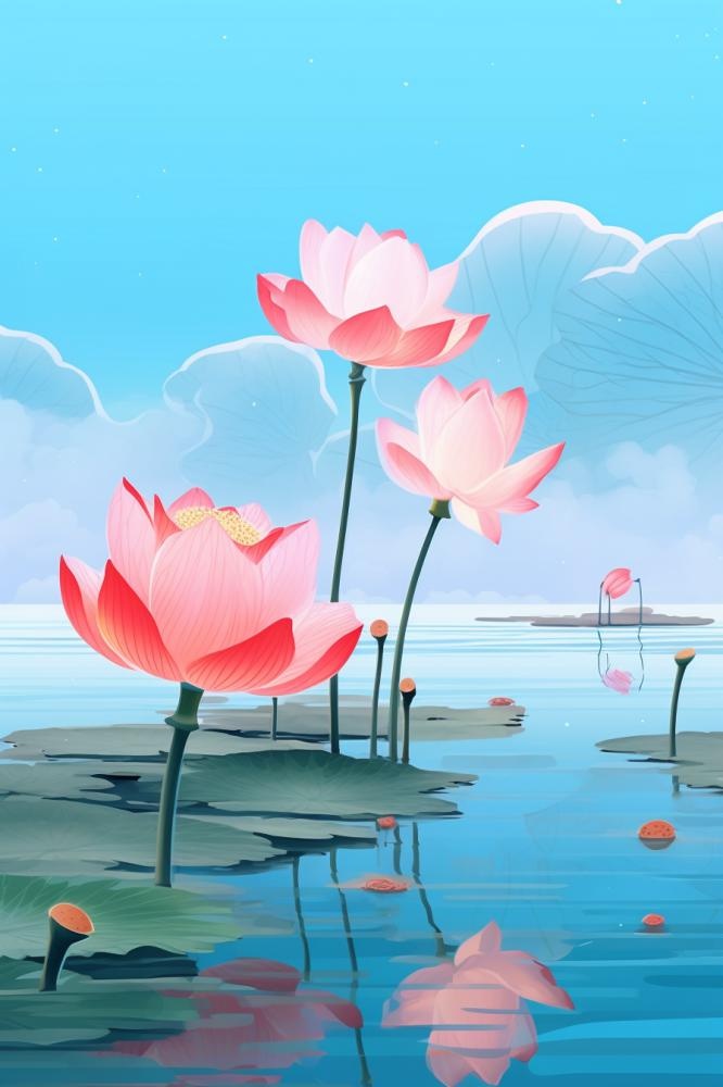 蓝色光影清新荷花背景