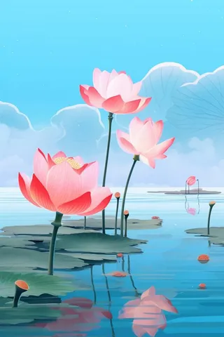 蓝色光影清新荷花背景