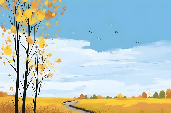 秋天清新天空树林插画黄色背景(3600x2400)