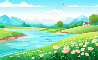 乡村村庄美丽风景河流插画农田插画背景