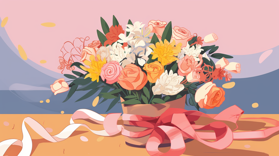 手捧花花束鲜花卡通插画素材