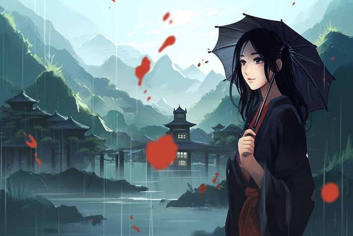 江南少女撑着伞江南水乡卡通插画素材(x)