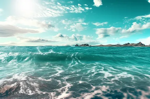 城市附近海洋的美丽景色，流畅的摄影风格，怀旧意象，寒潮，超前卫，蓝绿色，商业意象，创意摄影图