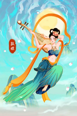 复古中国风国潮神话人物敦煌插画仙女手绘海报背景PSD设计素材