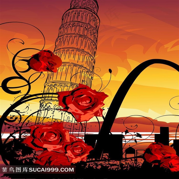 装饰斜塔无框画素材