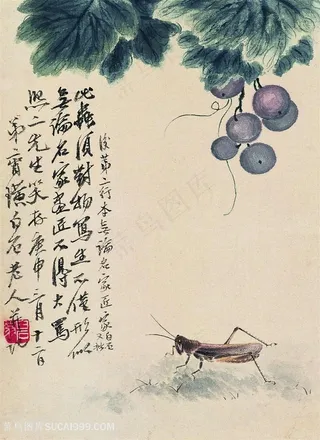 齐白石蚱蜢与葡萄国画图片
