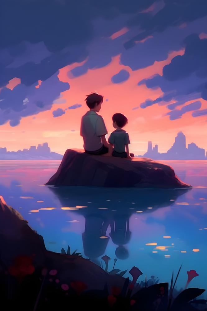 长辈父亲和孩子坐着看落日晚霞浪漫背景