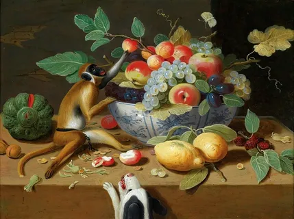 猴子与水果油画图片