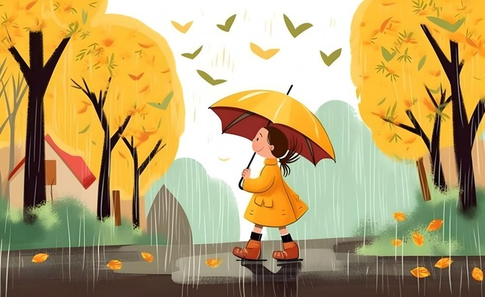 春天下雨天小女孩拿着雨伞在森林里漫步绿色黄色手绘插画海报素材背景