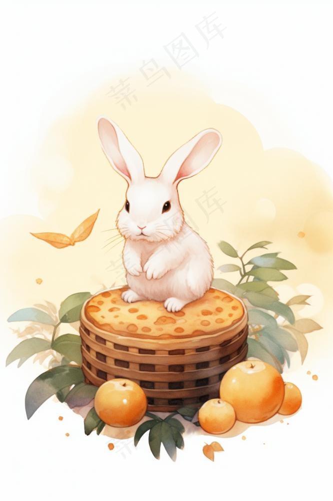 月饼小白兔玩耍插画水彩画背景(896x1344)