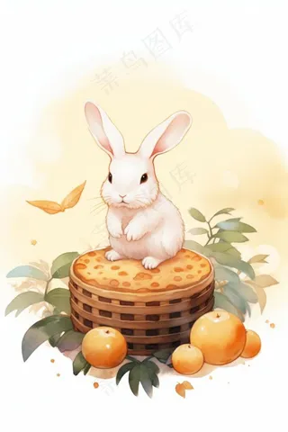 月饼小白兔玩耍插画水彩画背景