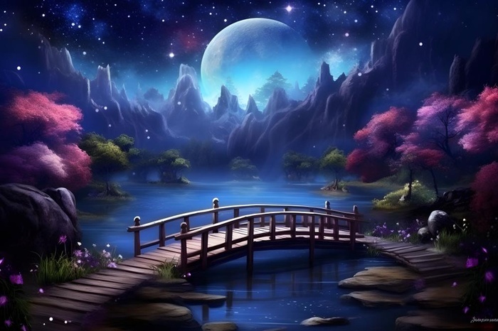 夜晚星空森林小桥花朵背景(3600x2400)