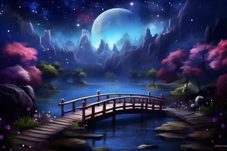 夜晚星空森林小桥花朵背景