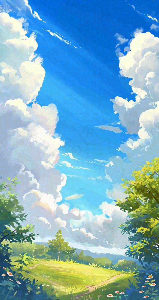 蓝天白云小花绿树树木草地插画手绘，春天春分