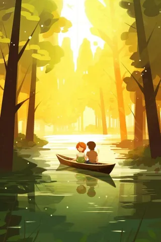 创意可爱树林小船背景