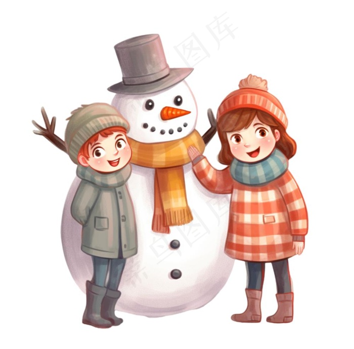 孩童堆雪人可爱卡通插画免抠(1040x1024)